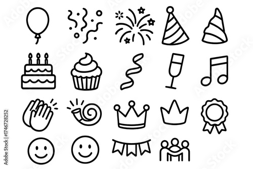 Celebration Outline Icons. Celebration symbols outline set. balloon, confetti, fireworks, party hat, birthday cake, cupcake, streamer, champagne glass, clapping hands, festive horn