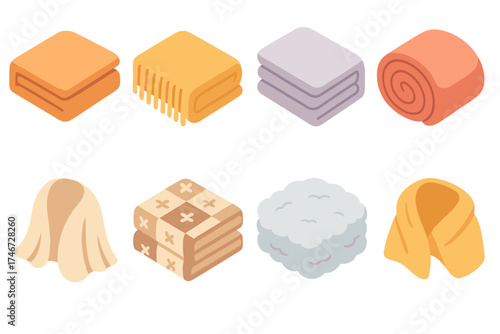 Comfort Blanket Icons. Comfort blanket isometric set. folded throw, blanket with fringe, soft layered fabric, rolled quilt, cozy drape, patterned blanket, fluffy textile, warm wrap