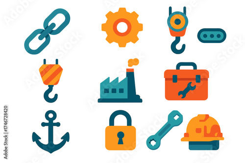 Industrial Icon Set. Industrial chain flat icon set. metal links, gear, pulley, crane hook, conveyor belt, factory, toolbox, anchor, padlock, wrench, machine part, safety helmet.