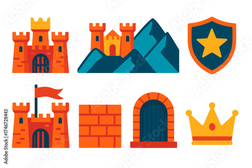 Vibrant Fortress Icons. Fortress flat icon set. stronghold, mountain citadel, shield with star, iron gate, banner flag, brick wall, dungeon door, crown.