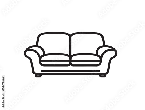 Sofa icon 2D vector line art in a clean minimalist graphic black