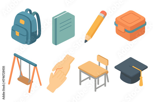 School Buddy Icons. School buddy system isometric set. backpack, notebook, pencil, lunchbox, playground swing, helping hand, classroom desk, graduation cap.