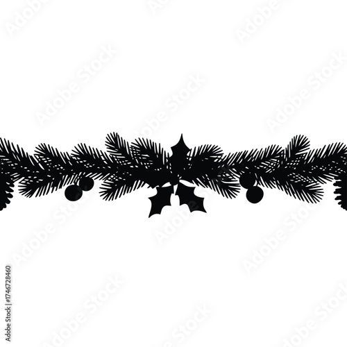 Black silhouette christmas garland with pine needles and ornaments