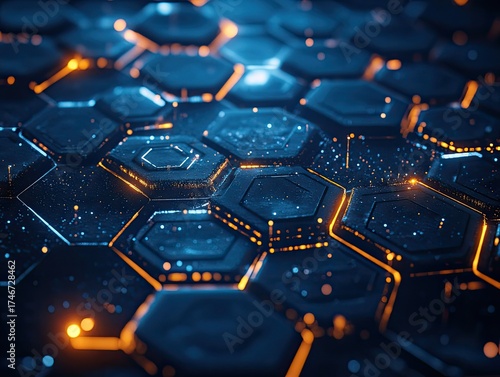 A close-up of the hexagonal structure in carbon life, with each honeycomb cell clearly visible and connected by transparent data points representing energy flow.