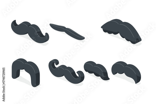 Stylish Mustache Icons. Mustache icons isometric set. handlebar mustache, pencil mustache, walrus mustache, chevron mustache, horseshoe mustache, curled mustache, bushy mustache