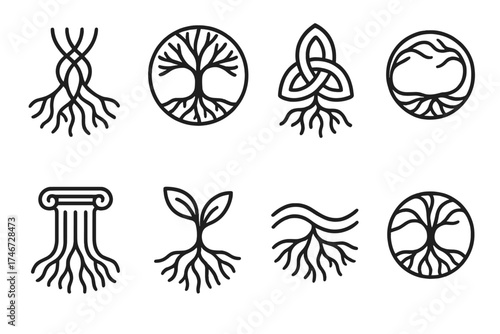 Symbolic Roots Icons. Symbolic roots outline set. intertwined roots, family tree, balance knot, unity circle, strength pillar, growth sprout, harmony wave, eternal roots.