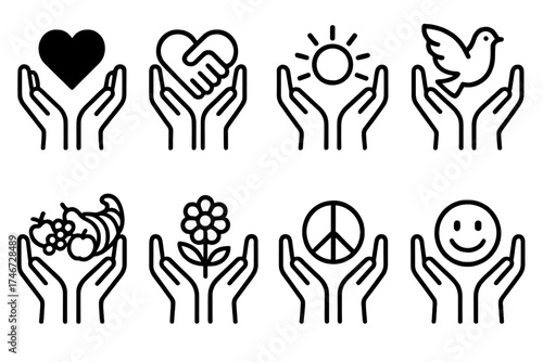 Symbolic Icon Deliveries. Symbolic delivery outline set. heart delivery, unity delivery, hope delivery, harmony delivery, abundance delivery, gratitude delivery, peace delivery