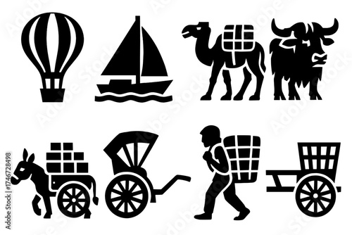 Bold Carrier Icons. Carrier silhouette set. hot air balloon, sailboat, camel with load, yak pack, donkey cart, rickshaw, basket carrier, wagon.