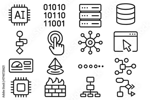 Digital Circuit Icons. Digital Circuit outline set. AI chip, binary code, server, database, algorithm path, touchscreen, circuit board, app window, cursor, dashboard, hologram