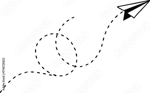 Minimalist black paper airplane soaring with a dotted dashed flight path