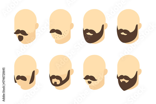 Isometric Beard Icons. Beard combos isometric set. mustache with goatee, mustache with stubble, mustache with full beard, mustache with sideburns, mustache with chin strap