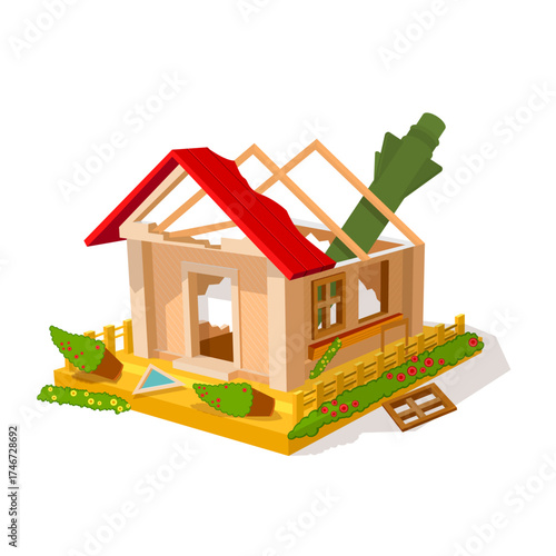 Destroyed House with an Unexploded Missile — War Damage Illustration