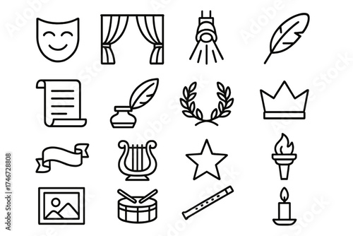 Theatrical Icon Collage. Theatrical Epilogue outline set. mask, curtain, stage spotlight, feather, scroll, quill, laurel wreath, crown, ribbon, harp, star, torch, gallery frame