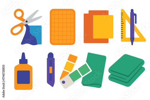 Crafting Essentials Icons. Maker’s table flat icon set. scissors and fabric, cutting board, craft paper, ruler and pen, glue bottle, craft knife, paint swatch, folded textile.