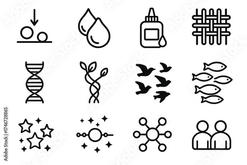 Cohesion Icon Array. Cohesion Concept outline set. gravity pulling objects, droplets merging, glue bottle icon, fabric weave, DNA helix, plant vines wrapping, flock of birds