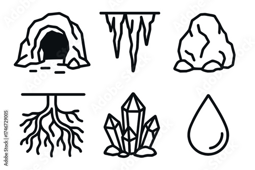 Underground Wonders Outline. Natural underground outline set. cave, stalactite, rock, root system, crystal, water droplet.