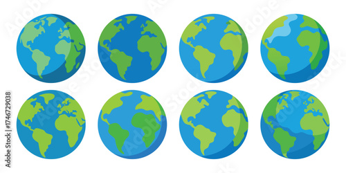Eight stylized earth globes showing different continents and oceans in a grid pattern