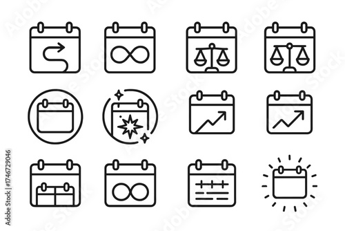 Innovative Calendar Icons. Symbolic calendars outline set. time flow calendar, infinity loop calendar, harmony circle calendar, balanced scale calendar, guiding star calendar