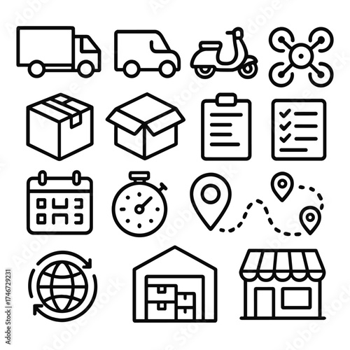Delivery Icons Set. Service visuals outline set. delivery truck, cargo van, scooter, drone, shipping box, open package, clipboard, checklist, calendar, stopwatch, location pin