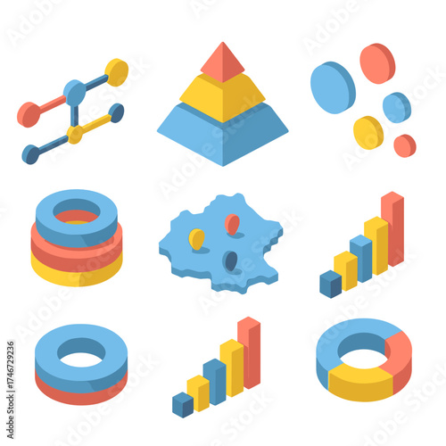 Isometric Chart Icons. Visualization isometric set. timeline, pyramid chart, bubble chart, radial diagram, layered rings, map with data points, histogram, donut chart.