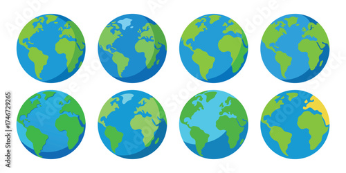 Eight oval earth globes showing different continents and oceans in a grid pattern