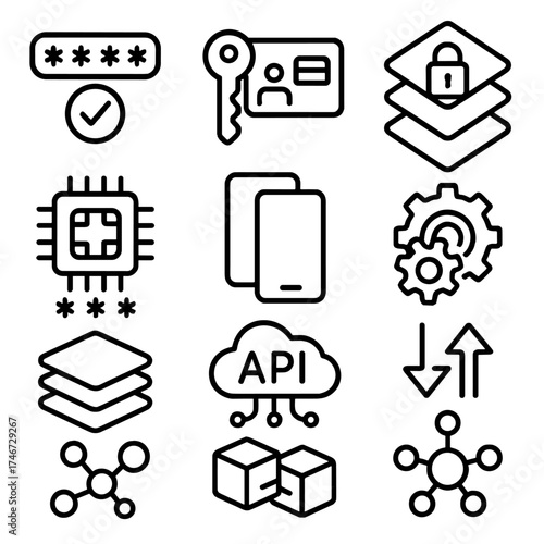 Multi-Factor Authentication Icons. Combination Technology outline set. multi-factor icon, key plus card, layered authentication, chip plus code, device pairing, hybrid gear system