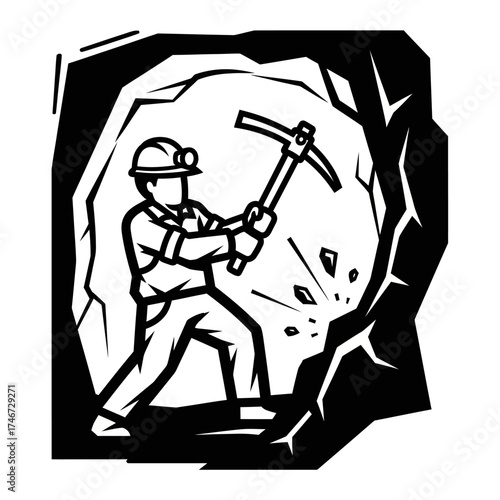 Miner in a cave using a pickaxe to extract resources from the rock.