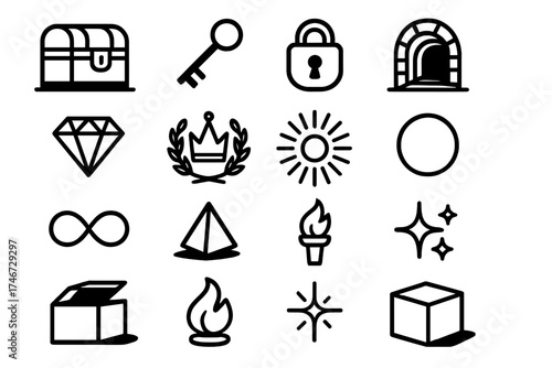 Iconic Treasure Symbols. Symbolic Storage Room outline set. chest, key, lock, spiral, tunnel, diamond, crown, laurel wreath, radiant aura, circle, infinity loop, prism, torch flame