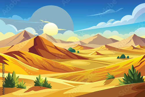 A cartoon illustration of a desert landscape with rolling sand dunes, mountains in the distance, and a bright blue sky with white clouds. The sun is shining brightly