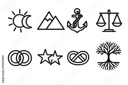 Symbolic Icon Set. Symbolic support outline set. sun and moon pair, mountain duo, anchor and rope, balanced scale pair, intertwined rings, twin stars, unity knot, strong roots.