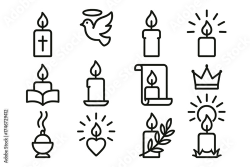 Spiritual Symbol Icons. Spiritual candlelight outline set. cross, dove, halo, rays of light, open book, scroll, crown, heart with rays, incense, olive branch, sunburst, flame.