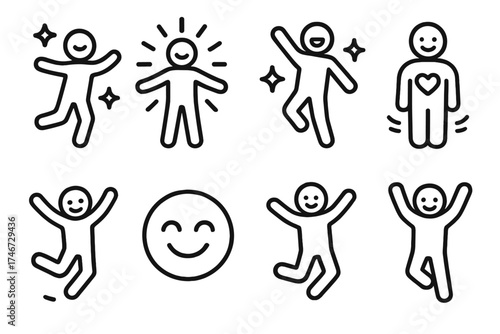 Joyful Dancing Icons. Happiness solo outline set. figure with sparkles, radiant aura, joyful stance, dancing person, bright heart, calm glow, jumping figure, smiling icon.