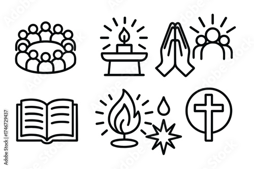 Sacred Community Icons. Sacred assembly outline set. community circle, altar with light, folded hands, group with rays, open scripture, shining flame, halo cross, sacred star.
