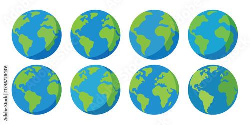 Eight stylized oval illustrations of planet earth showing different continents and oceans