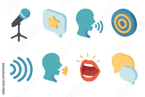 Isometric Speech Icons. Word performance isometric set. microphone stand, speech bubble with star, speaking silhouette, sound waves circle, echo symbol, storytelling voice, open