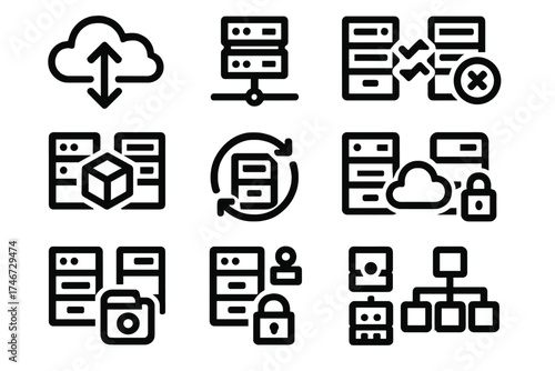 Brutalist Cloud Icons. Instance Advanced silhouette set. auto-scaling cloud, load-balanced instances, failover instance, container orchestration, instance lifecycle, ephemeral