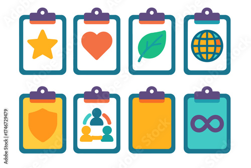 Vibrant Symbolic Icons. Symbolic registers flat icon set. register with star, register with heart, register with eco leaf, register with globe, register with shield, register with