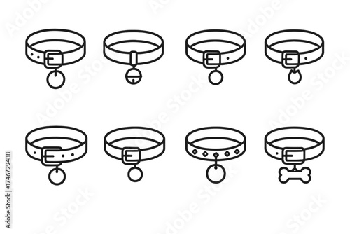 Pet Collar Icons. Animal types outline set. dog collar, cat collar, puppy collar, kitten collar, large breed collar, small breed collar, exotic pet collar, custom tag collar.