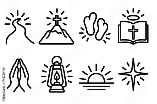 Divine Journey Icons. Divine path outline set. illuminated road, mountain with cross, footsteps in glow, scripture with halo, rising sun, folded palms, guiding light, heavenly star