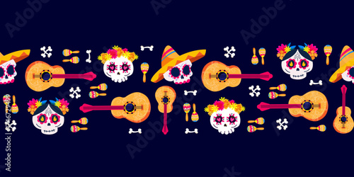 Seamless Day of the Dead border in modern folk art style with colorful sugar skulls guitars sombreros maracas flowers and bones for textile prints party decorations packaging digital projects. Vector