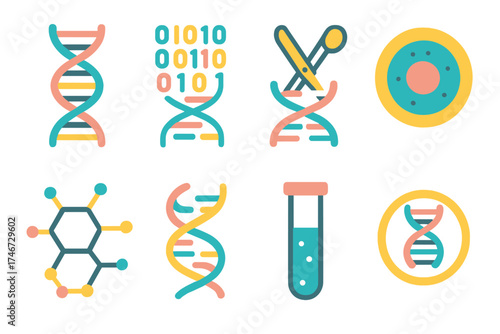 Genetic Science Icons. Genome flat icon set. genetic strand, binary code helix, gene editing scissors, nucleus diagram, chemical structure, protein fold, test tube, DNA ring.