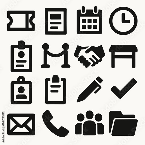 Event Registration Icons. Event Registration silhouette set. ticket, form, calendar, clock, name tag, queue line, handshake, table, badge, clipboard, pen, checkmark, envelope
