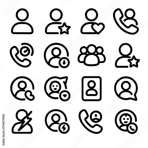 Contact Icon Set. Favorite Contact outline icons. person avatar, contact with star, heart contact, phone with avatar, quick person dial, group contacts, call priority person