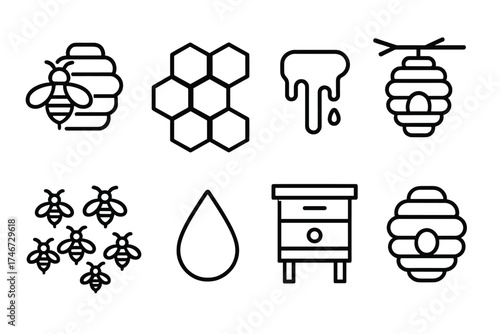 Bee and Honey Icons. Hive outline icons. bee with hive, honeycomb, dripping honey, beehive on branch, bee swarm, single honey drop, hive with stand, bee nest.