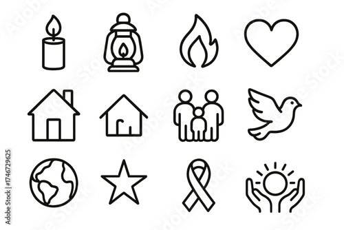 Symbolic Family Icons. Family lighting outline set. candle, lantern, flame, heart, house, family group, dove, globe, star, ribbon, sunburst, open hands.