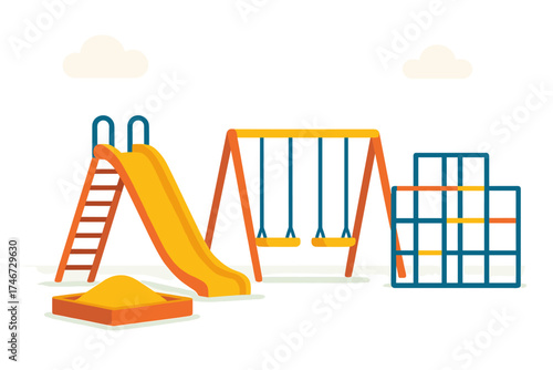 Vibrant Playground Scene. Playground slide flat icon set. tall slide, ladder steps, sandbox, swing set, jungle gym, grassy field