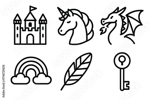 Fantasy Icons Collage. Fantasy dreaming outline set. castle, unicorn, dragon, rainbow, feather, key.