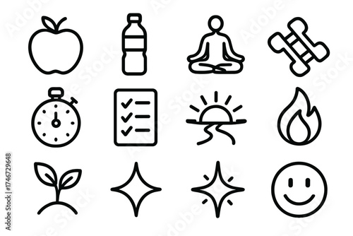 Recovery Wellness Icons. Recovery care outline set. apple, water bottle, yoga pose, dumbbell, stopwatch, checklist, sunrise, path, flame, seedling, starburst, smile.