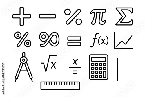 Mathematical Symbols Collection. Mathematical set outline set. plus sign, minus sign, multiplication sign, division sign, percentage sign, infinity sign, pi symbol, sigma symbol