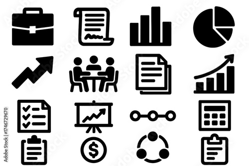 Bold Business Icons. Business Reporting silhouette set. briefcase, contract scroll, bar graph, pie chart, upward arrow, meeting table, document stack, growth chart, checklist